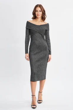 Elie Tahari Dresses & Jumpsuits-Off Shoulder Metallic Sweater Dress NOIRWITHSILVERLUREX