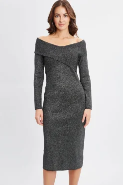 Elie Tahari Dresses & Jumpsuits-Off Shoulder Metallic Sweater Dress NOIRWITHSILVERLUREX