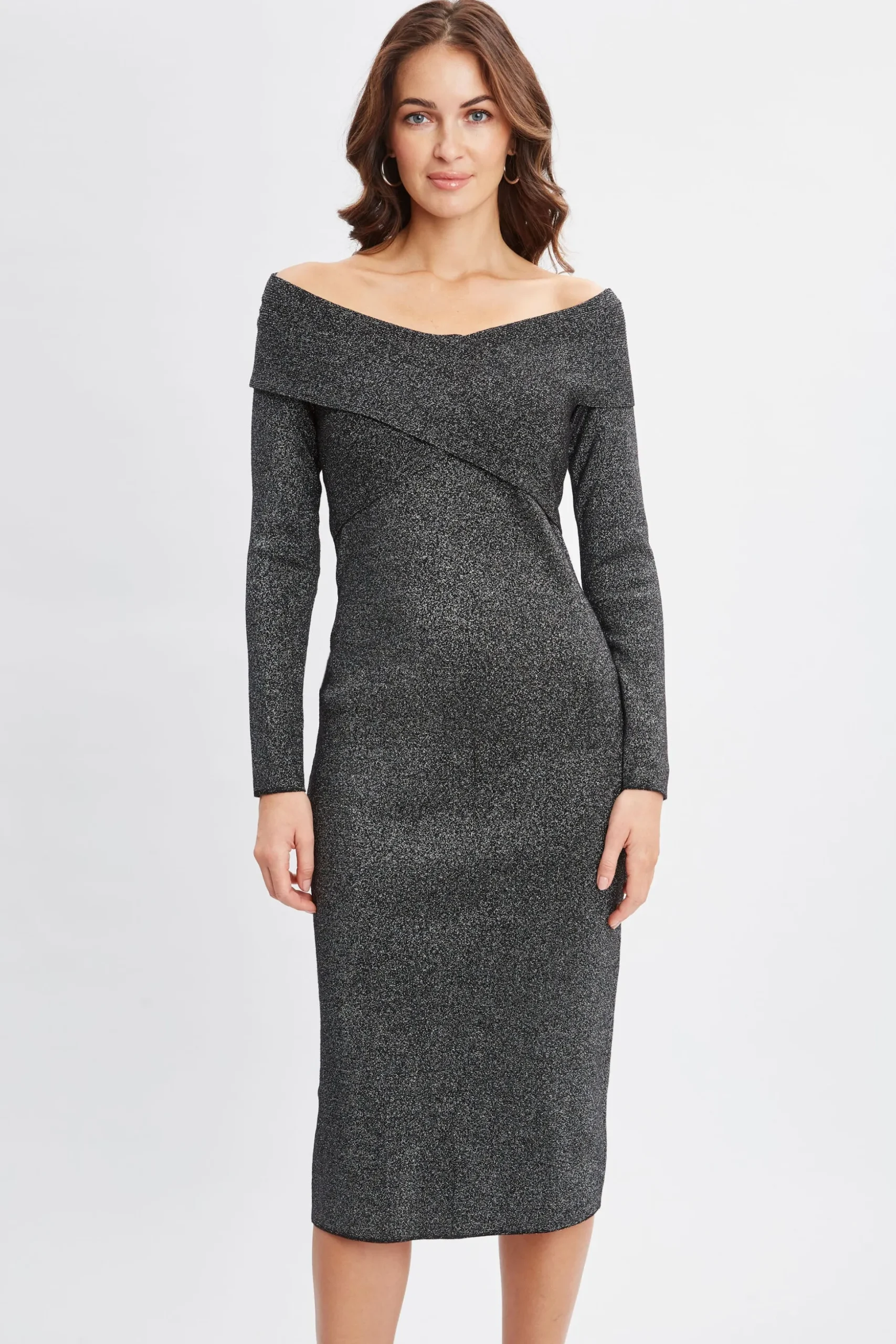 Elie Tahari Dresses & Jumpsuits-Off Shoulder Metallic Sweater Dress NOIRWITHSILVERLUREX