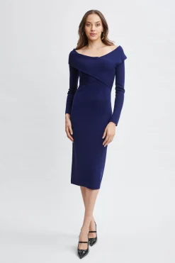 Elie Tahari Dresses & Jumpsuits-Off Shoulder Wool Sweater Dress DEEPEVENINGBLUE