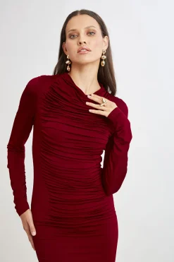 Elie Tahari Dresses & Jumpsuits|Long Sleeve Dresses-Pleat Detail Matte Jersey Dress SANGRIA