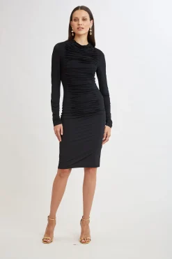 Elie Tahari Dresses & Jumpsuits|Long Sleeve Dresses-Pleat Detail Matte Jersey Dress BLACK