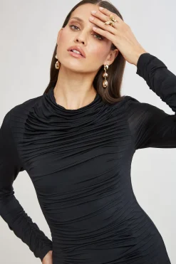 Elie Tahari Dresses & Jumpsuits|Long Sleeve Dresses-Pleat Detail Matte Jersey Dress BLACK