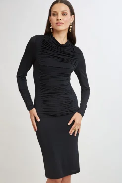 Elie Tahari Dresses & Jumpsuits|Long Sleeve Dresses-Pleat Detail Matte Jersey Dress BLACK