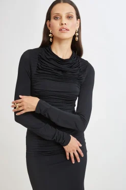 Elie Tahari Dresses & Jumpsuits|Long Sleeve Dresses-Pleat Detail Matte Jersey Dress BLACK