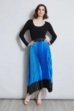 Elie Tahari Dresses & Jumpsuits|Midi Dresses-Pleated Belted Dress BLUEIVY/NOIR