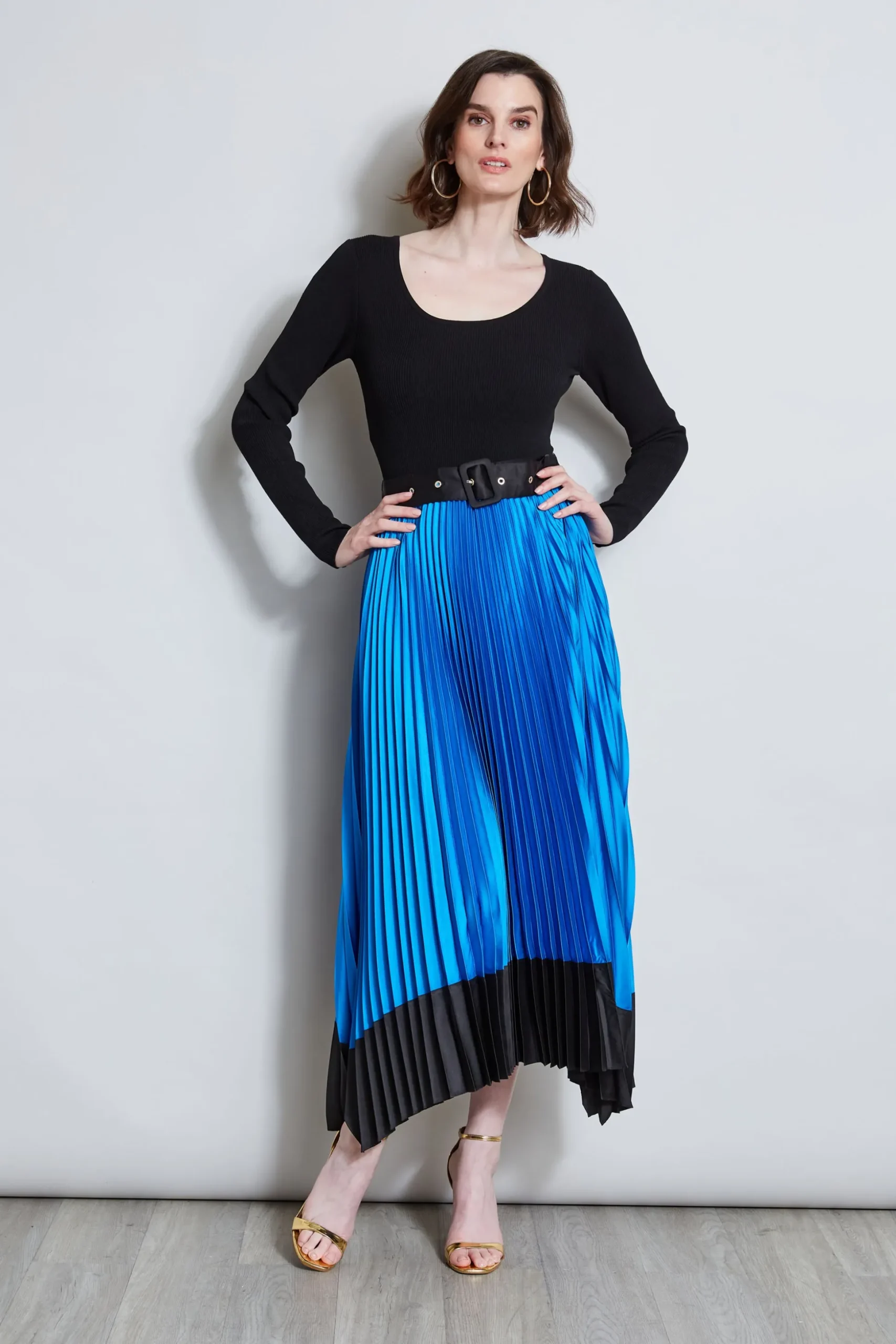Elie Tahari Dresses & Jumpsuits|Midi Dresses-Pleated Belted Dress BLUEIVY/NOIR
