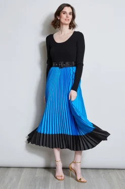 Elie Tahari Dresses & Jumpsuits|Midi Dresses-Pleated Belted Dress BLUEIVY/NOIR