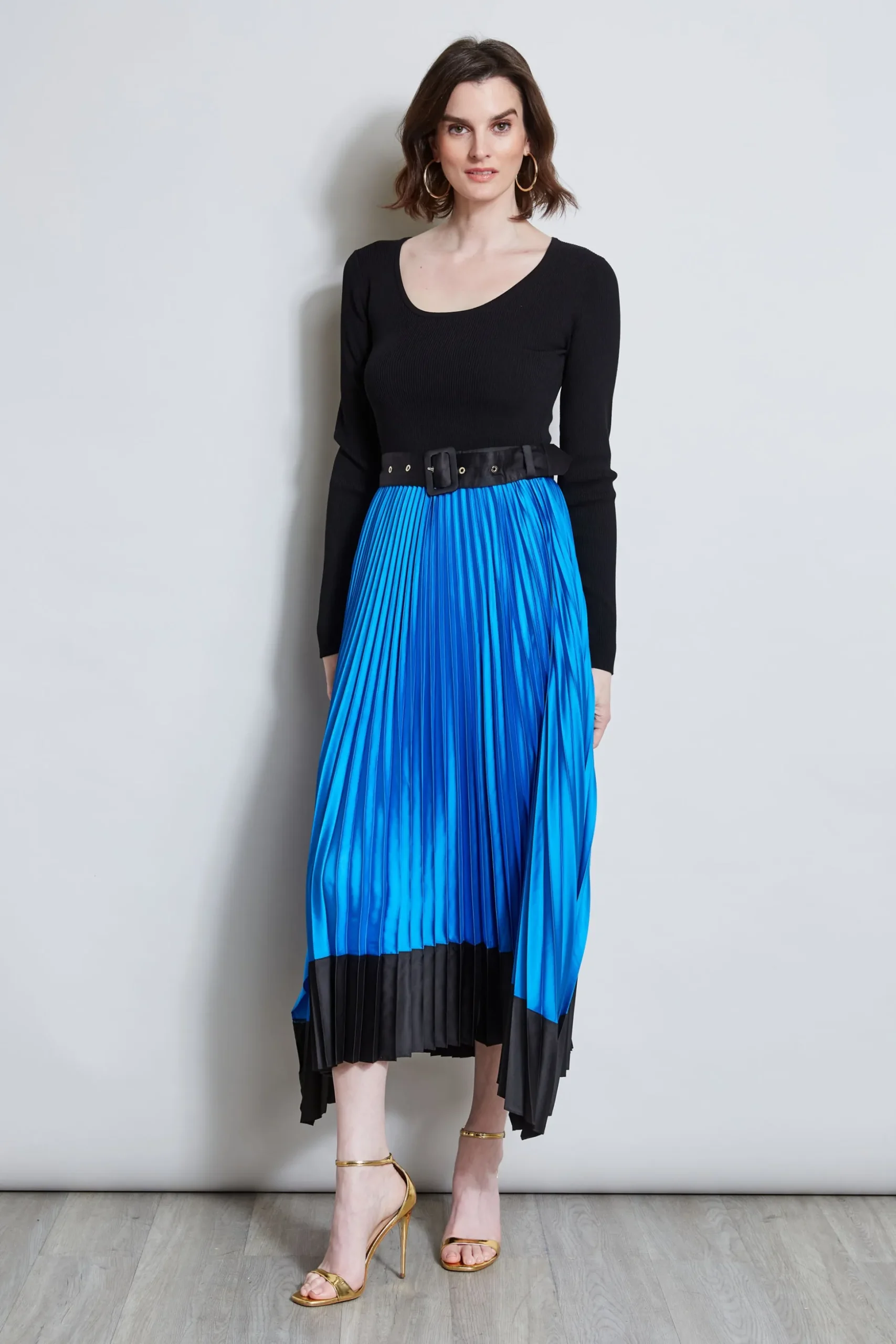 Elie Tahari Dresses & Jumpsuits|Midi Dresses-Pleated Belted Dress BLUEIVY/NOIR