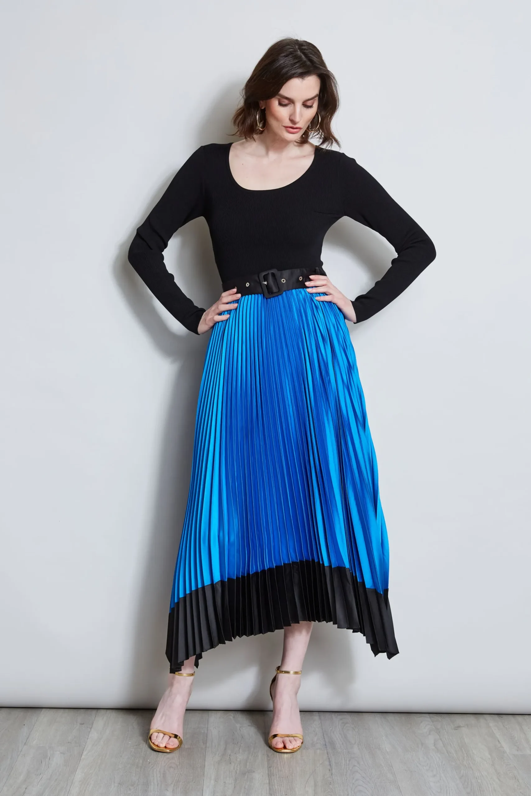 Elie Tahari Dresses & Jumpsuits|Midi Dresses-Pleated Belted Dress BLUEIVY/NOIR