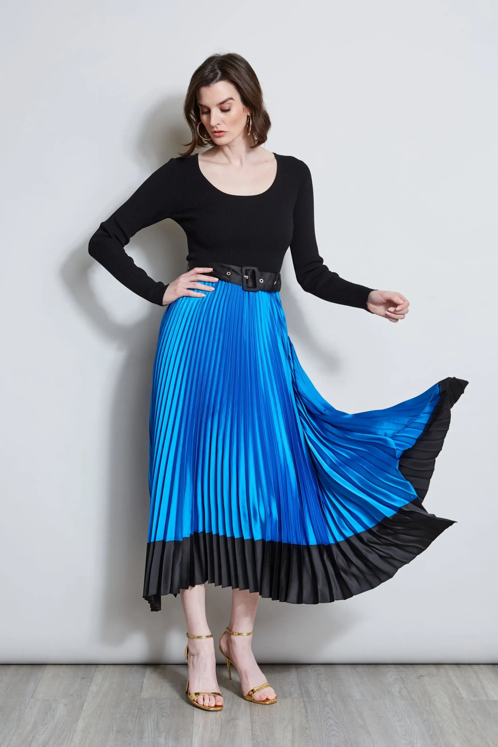 Elie Tahari Dresses & Jumpsuits|Midi Dresses-Pleated Belted Dress BLUEIVY/NOIR