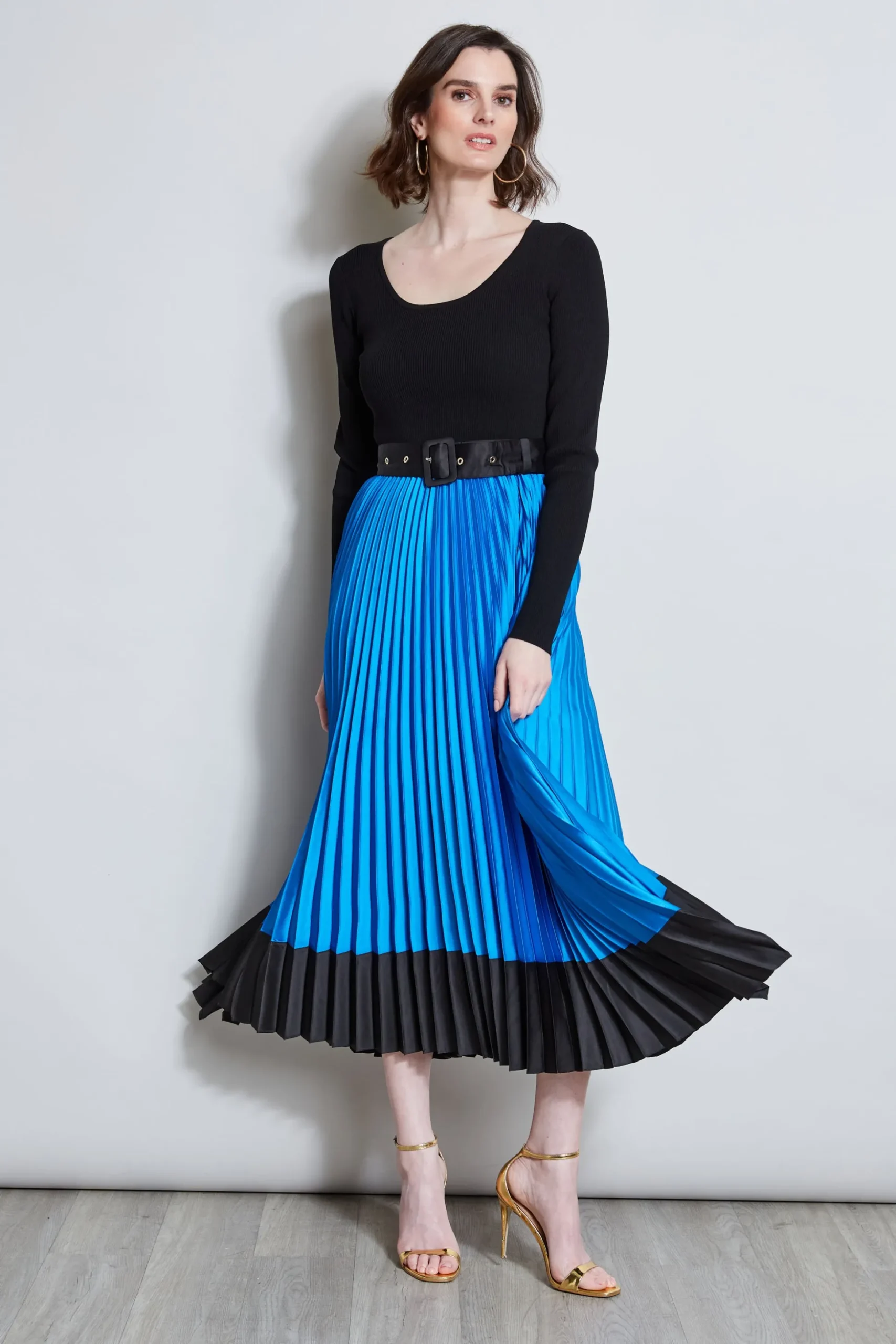 Elie Tahari Dresses & Jumpsuits|Midi Dresses-Pleated Belted Dress BLUEIVY/NOIR