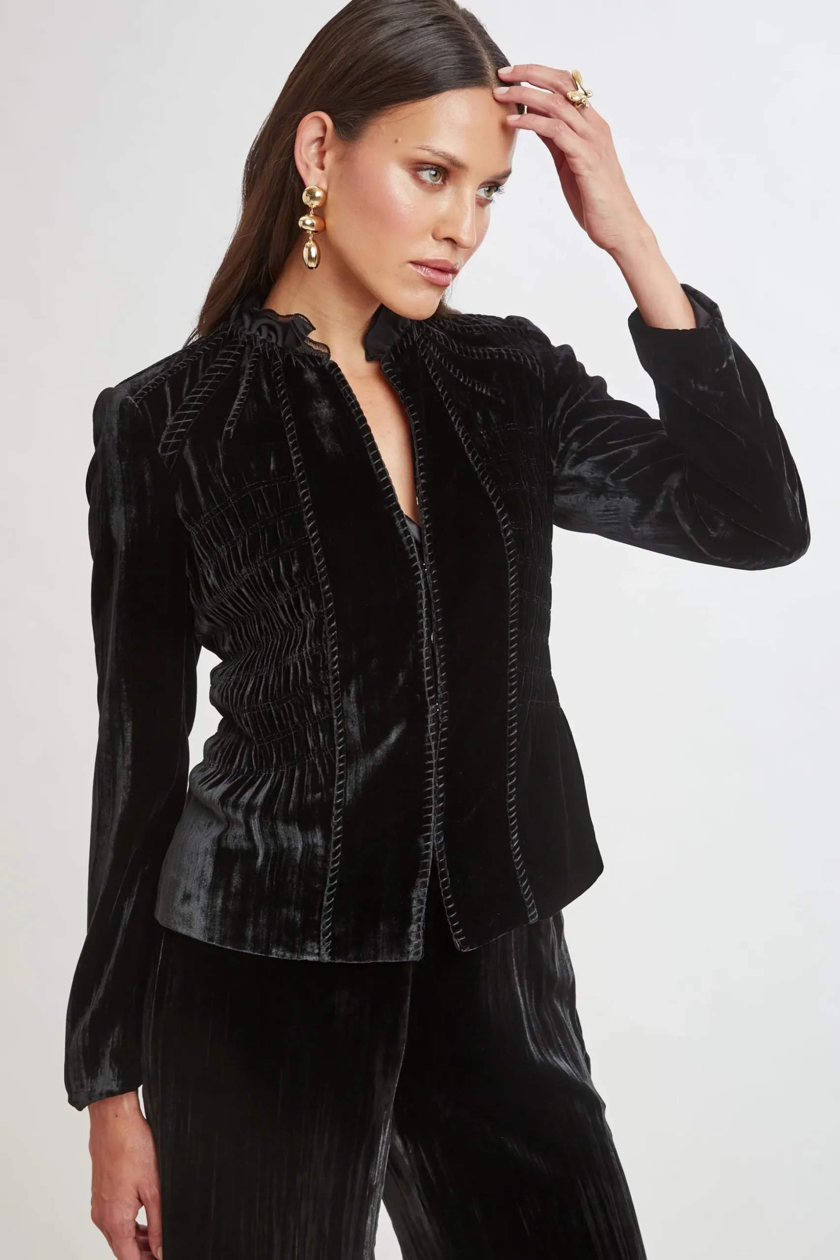 Elie Tahari Jackets & Blazers|Suiting-Plisse Velvet Embroidered Jacket BLACK