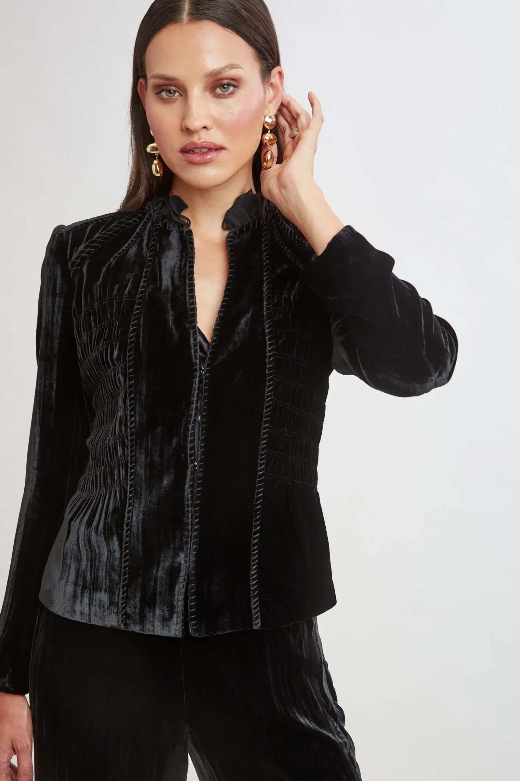 Elie Tahari Jackets & Blazers|Suiting-Plisse Velvet Embroidered Jacket BLACK