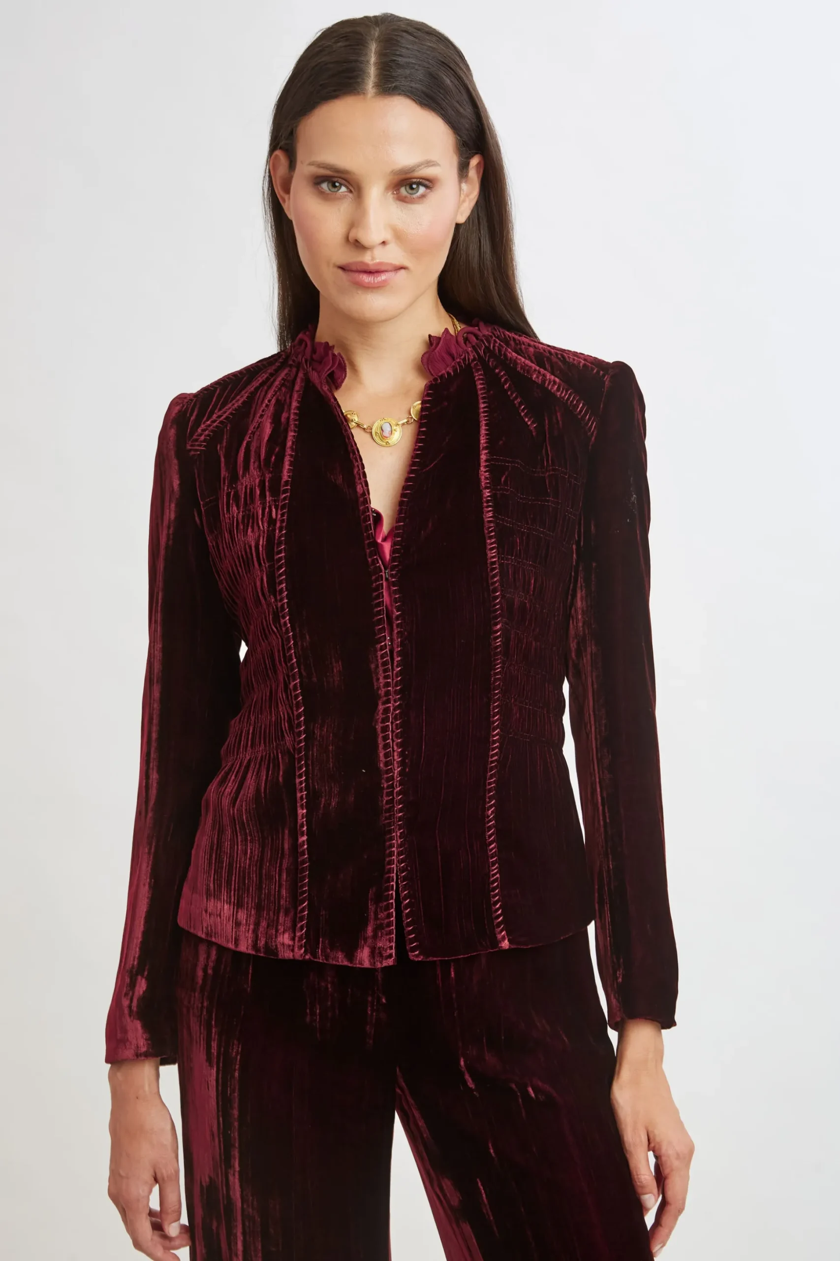 Elie Tahari Jackets & Blazers|Suiting-Plisse Velvet Embroidered Jacket BURGUNDY