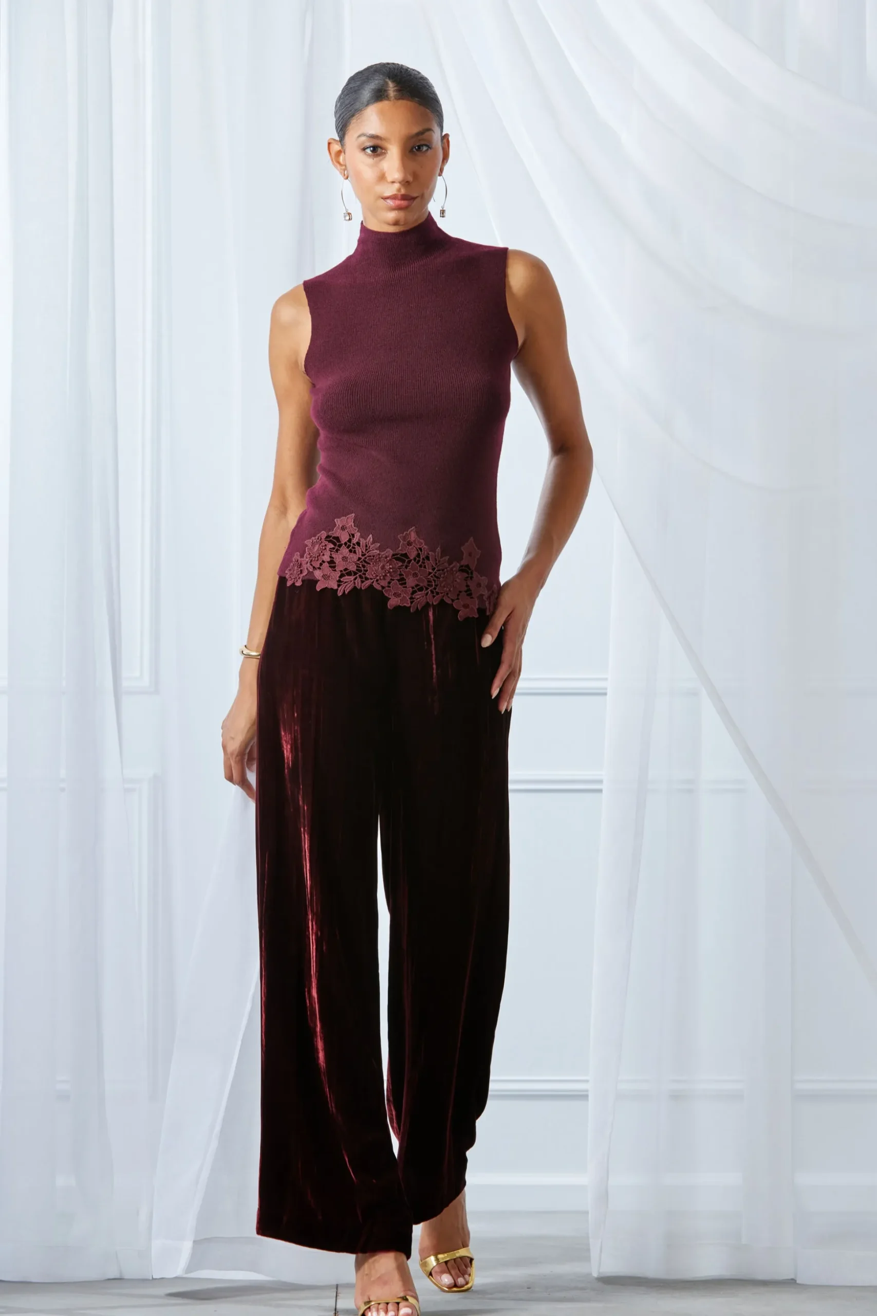 Elie Tahari Bottoms|Suiting-Plisse Velvet Fluid Pant BURGUNDY