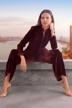 Elie Tahari Bottoms|Suiting-Plisse Velvet Fluid Pant BURGUNDY