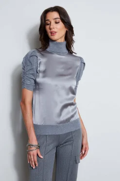 Elie Tahari Tops & Sweaters-Puff Sleeve Satin Front Sweater GREYMELANGE