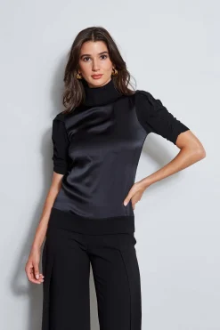 Elie Tahari Tops & Sweaters-Puff Sleeve Satin Front Sweater BLACK