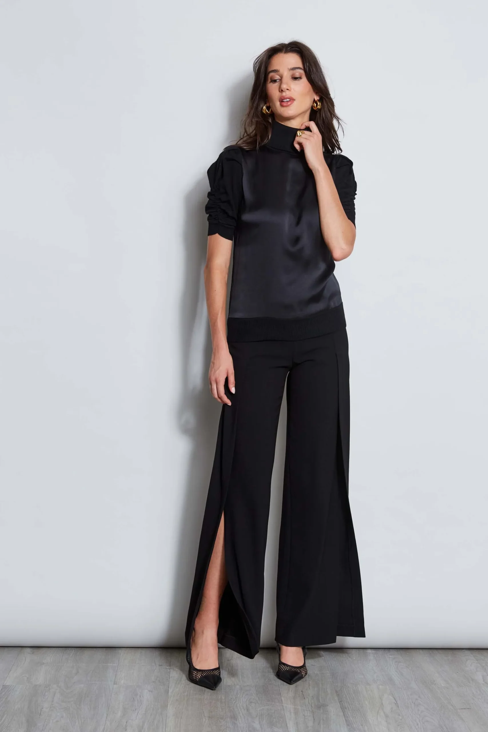 Elie Tahari Tops & Sweaters-Puff Sleeve Satin Front Sweater BLACK