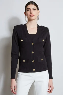 Elie Tahari Tops & Sweaters-Rib Button Sweater BLACK