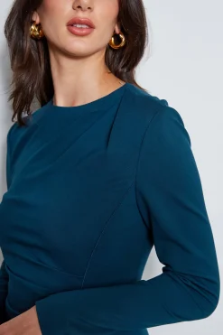 Elie Tahari Dresses & Jumpsuits|Long Sleeve Dresses-Ruched Long Sleeve Knit Dress OCEAN