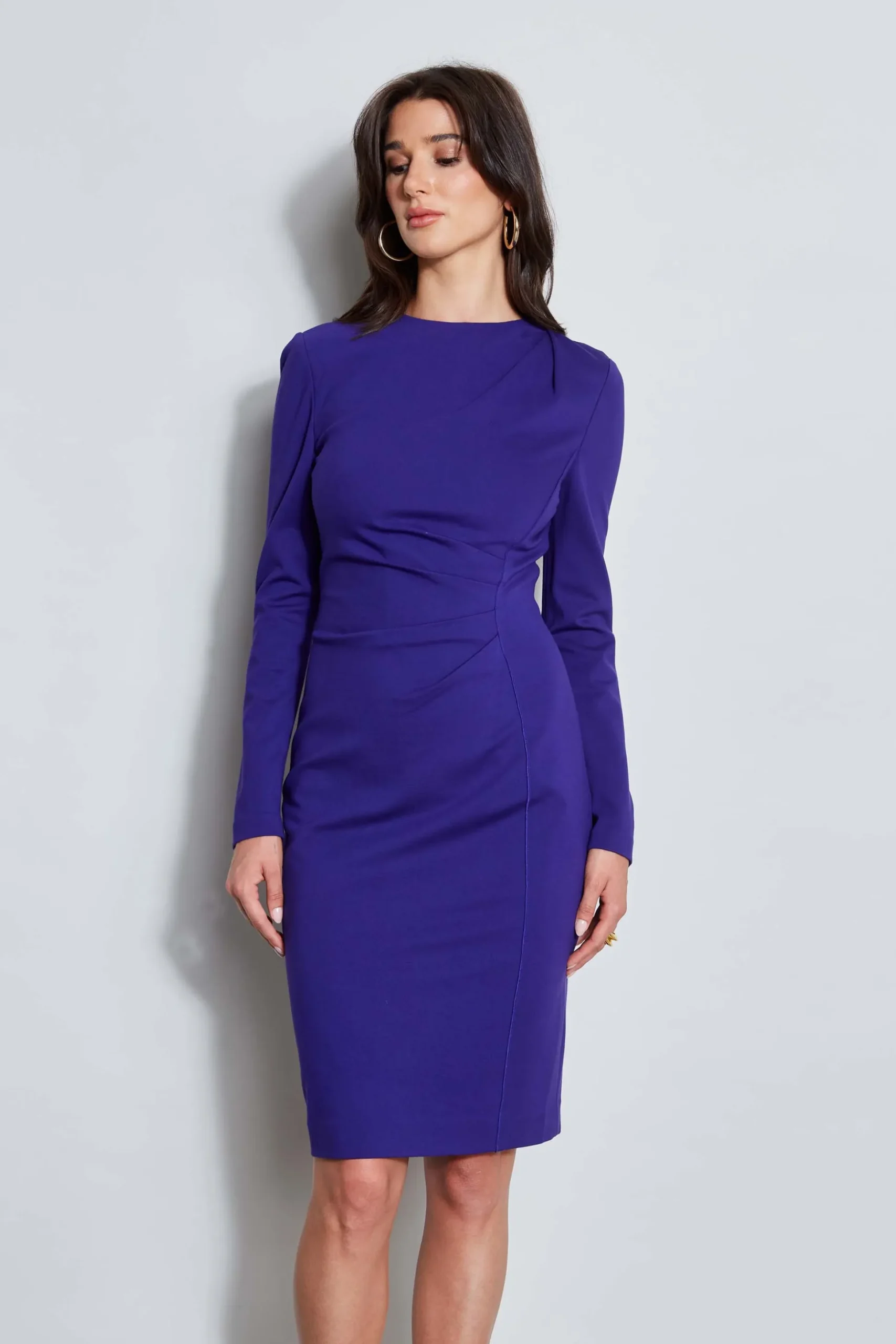 Elie Tahari Dresses & Jumpsuits|Long Sleeve Dresses-Ruched Long Sleeve Knit Dress GRAPE