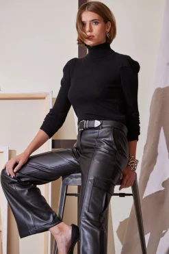 Elie Tahari Tops & Sweaters|Suiting-Ruched Sleeve Cashmere Wool Sweater BLACK