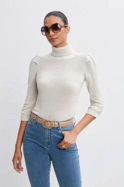 Elie Tahari Tops & Sweaters-Ruched Sleeve Cashmere Wool Sweater BUFFMELANGE