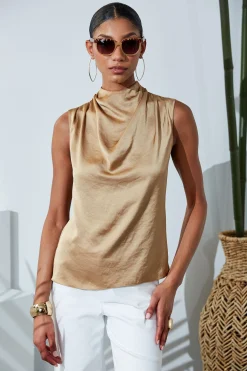 Elie Tahari Tops & Sweaters-Satin Draped Neck Top SANDCASTLE