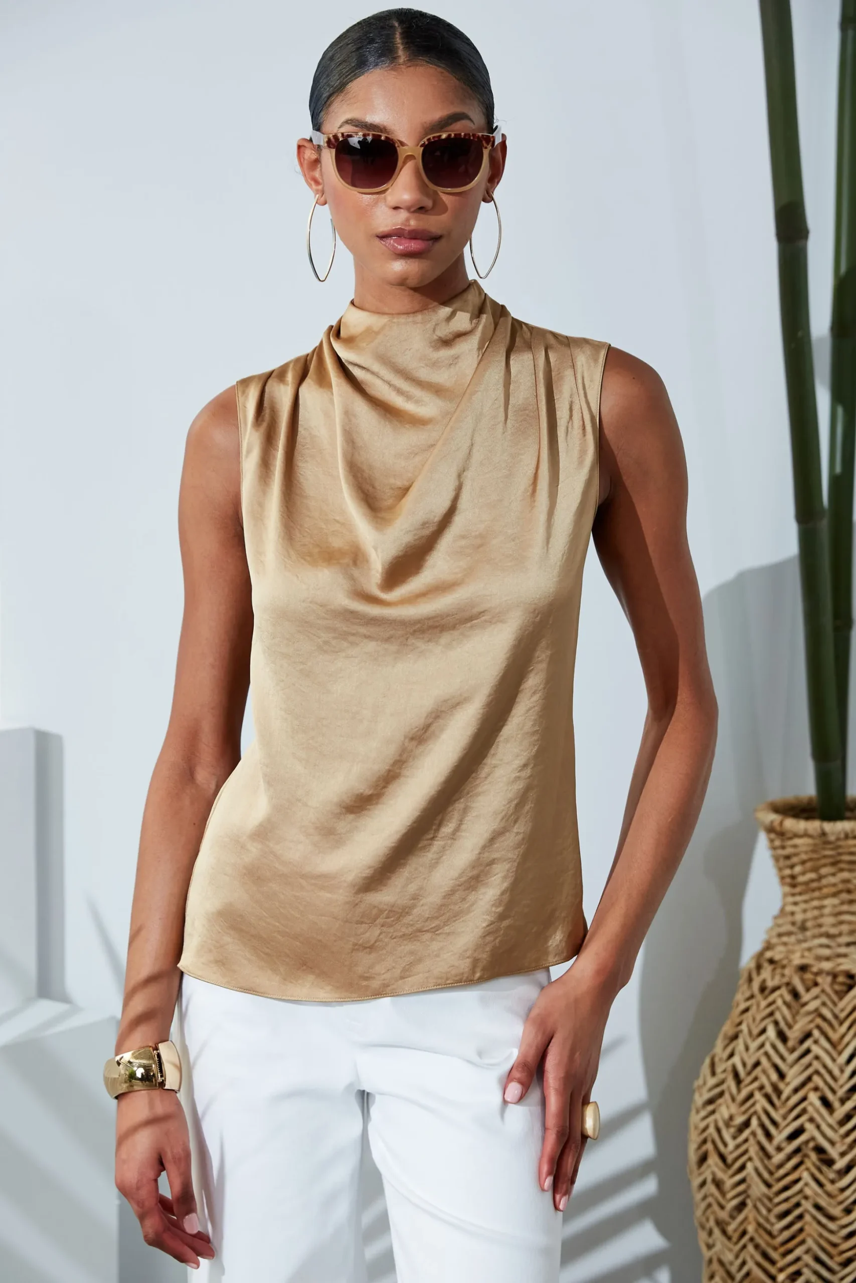 Elie Tahari Tops & Sweaters-Satin Draped Neck Top SANDCASTLE