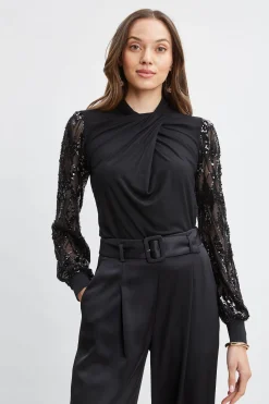 Elie Tahari Tops & Sweaters-Sequin Sleeve Twist Neck Knit BLACK