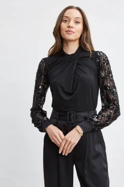 Elie Tahari Tops & Sweaters-Sequin Sleeve Twist Neck Knit BLACK