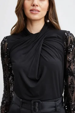 Elie Tahari Tops & Sweaters-Sequin Sleeve Twist Neck Knit BLACK