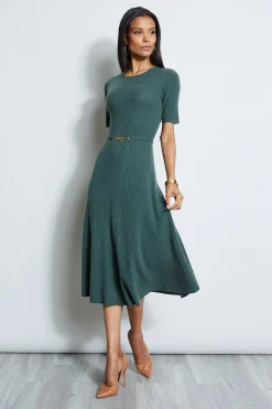 Elie Tahari Short Sleeve Dresses|Midi Dresses-Short Sleeve Cashmere Belted Dress JUNIPER