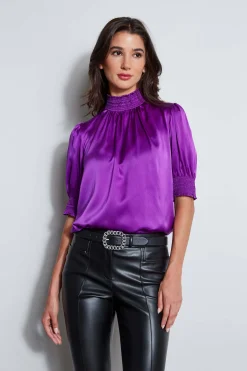 Elie Tahari Tops & Sweaters|Suiting-Short Sleeve Silk Satin Smocked Shirt BERRY