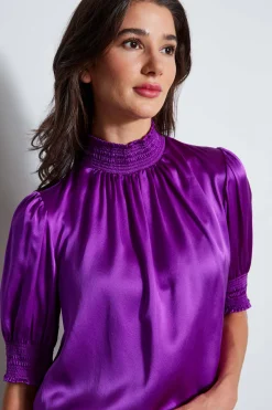 Elie Tahari Tops & Sweaters|Suiting-Short Sleeve Silk Satin Smocked Shirt BERRY