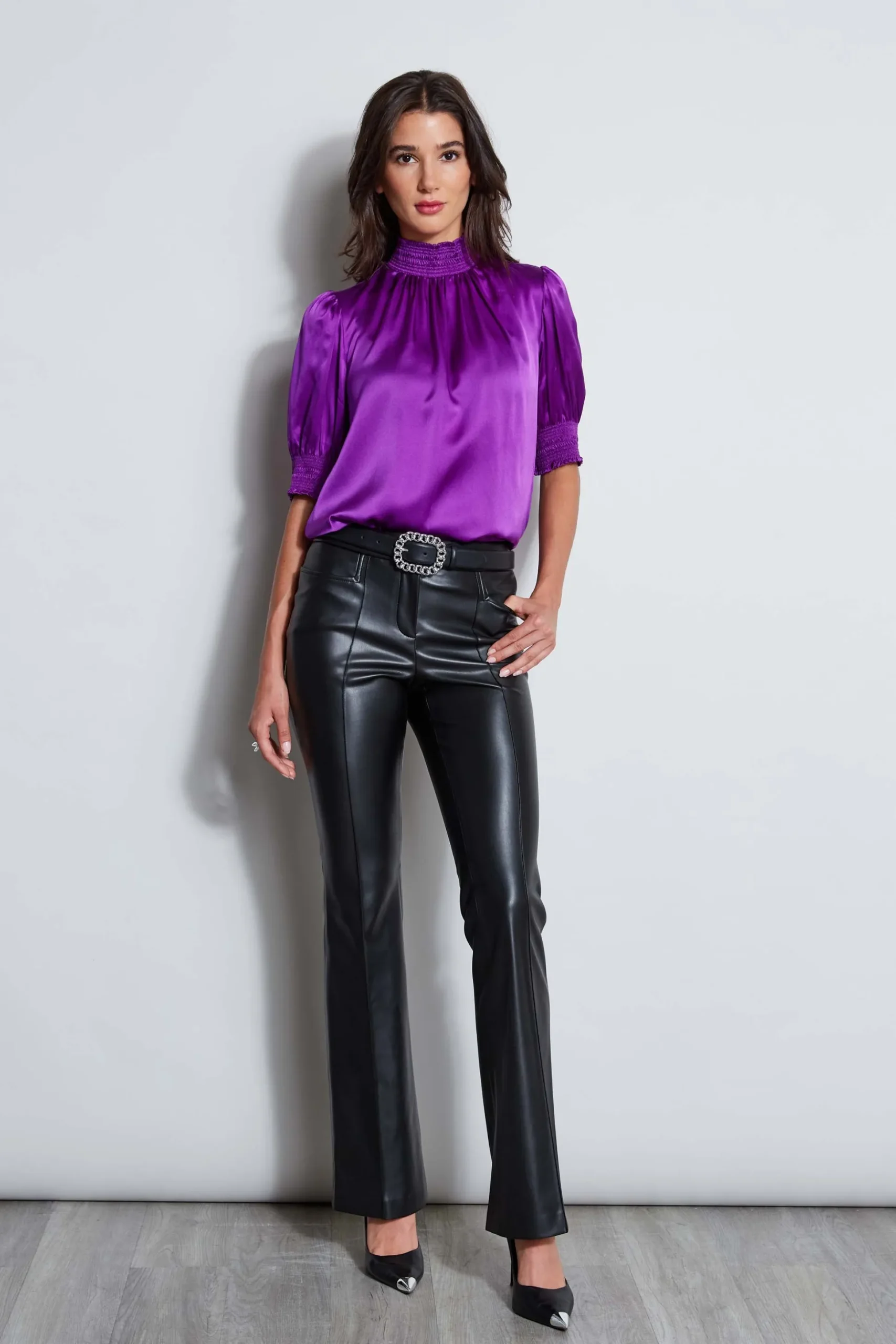 Elie Tahari Tops & Sweaters|Suiting-Short Sleeve Silk Satin Smocked Shirt BERRY