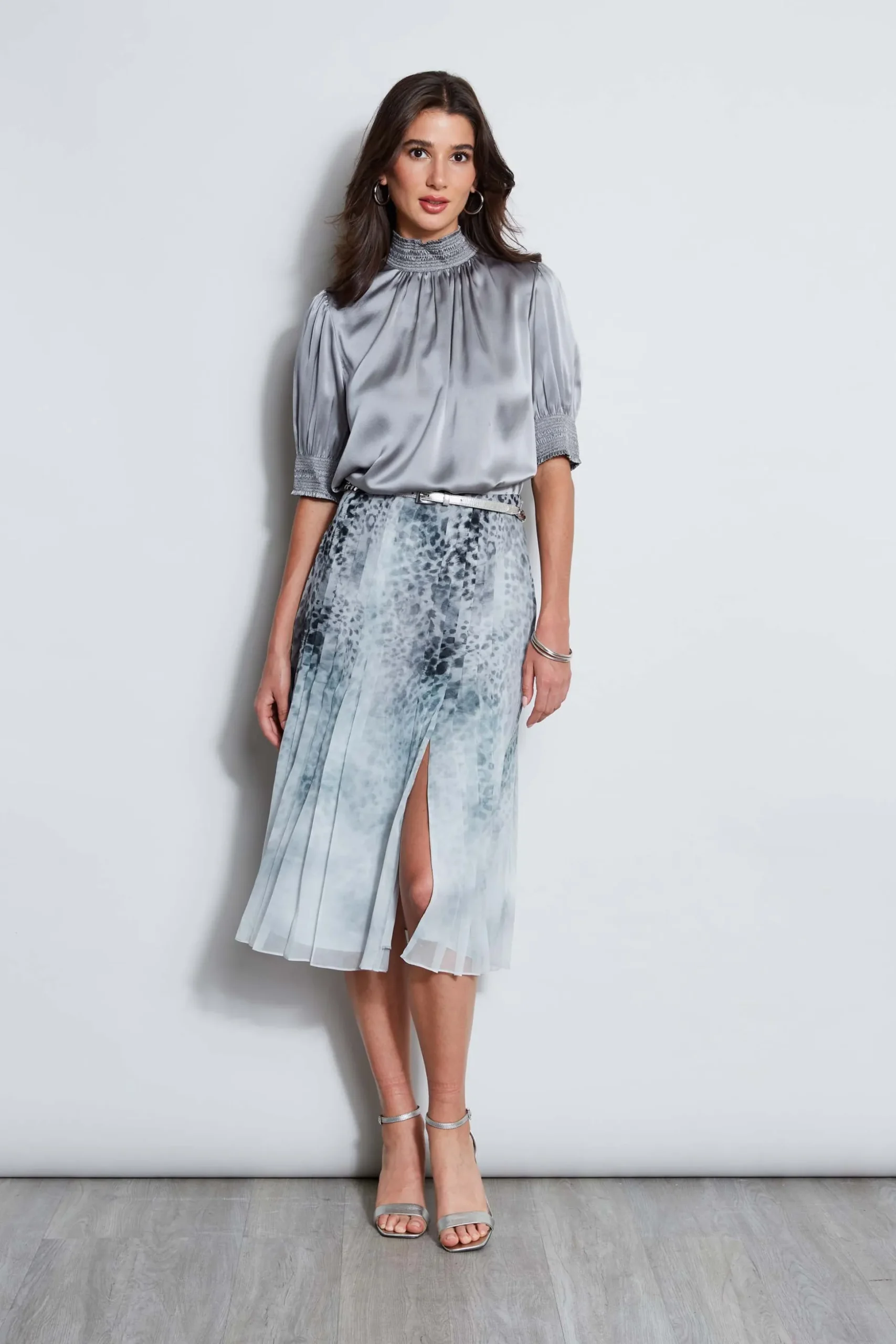 Elie Tahari Tops & Sweaters-Short Sleeve Silk Satin Smocked Shirt COMET