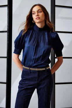 Elie Tahari Tops & Sweaters|Suiting-Short Sleeve Silk Satin Smocked Shirt GALAXYNAVY