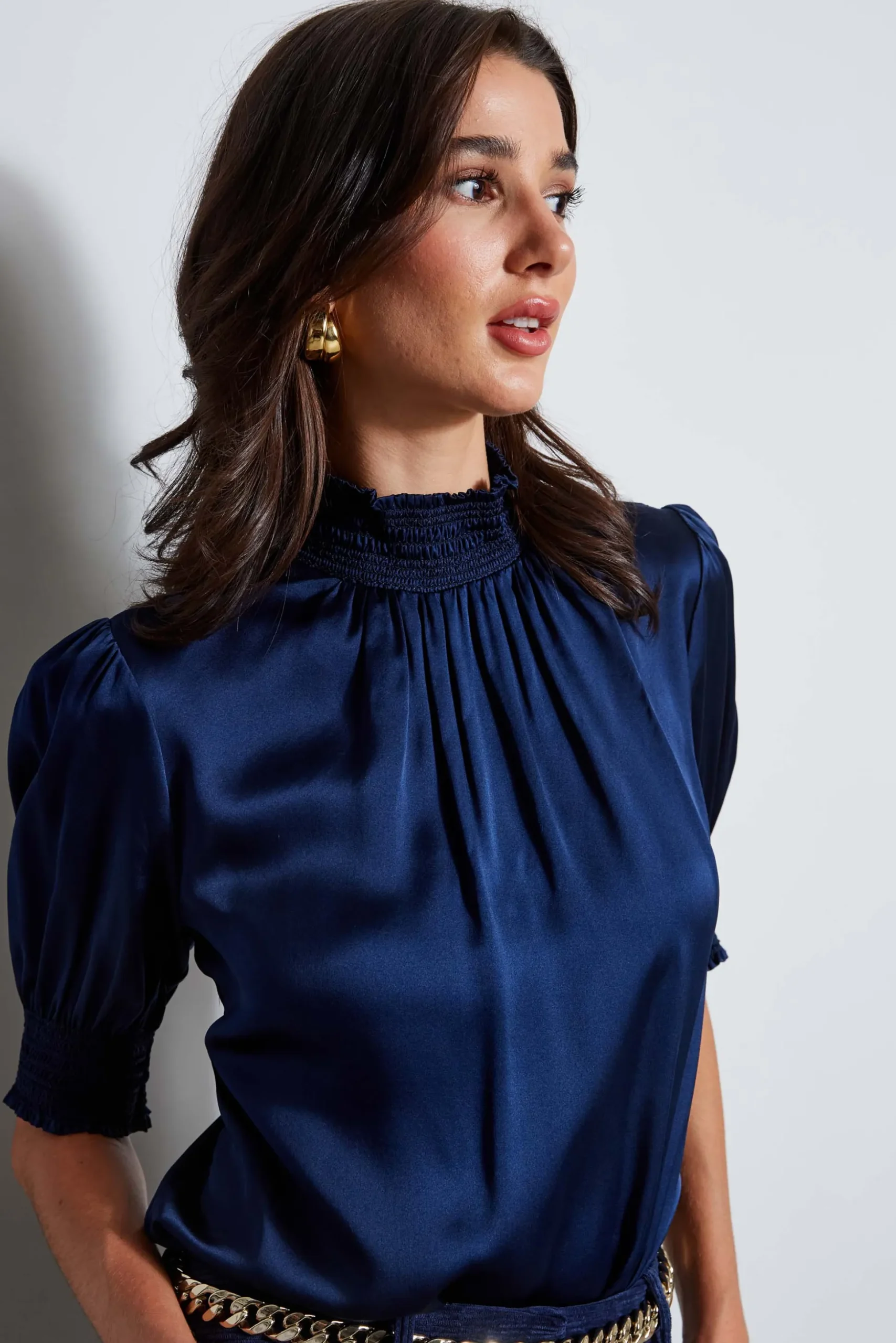 Elie Tahari Tops & Sweaters|Suiting-Short Sleeve Silk Satin Smocked Shirt GALAXYNAVY