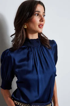 Elie Tahari Tops & Sweaters|Suiting-Short Sleeve Silk Satin Smocked Shirt GALAXYNAVY