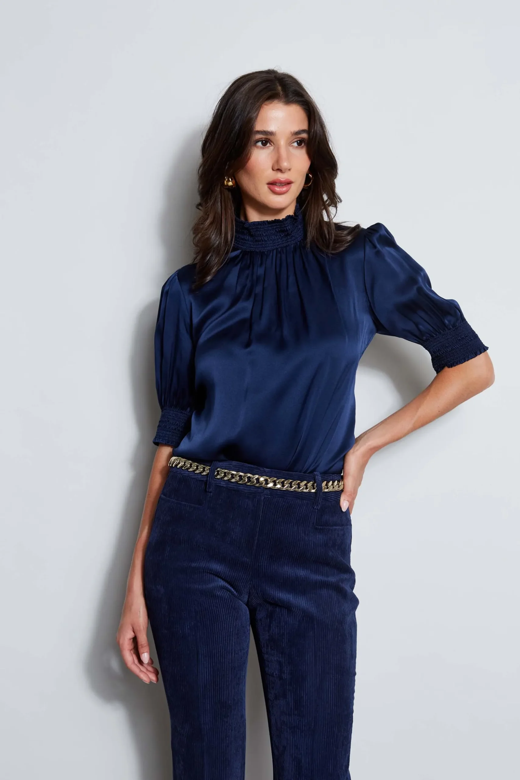 Elie Tahari Tops & Sweaters|Suiting-Short Sleeve Silk Satin Smocked Shirt GALAXYNAVY