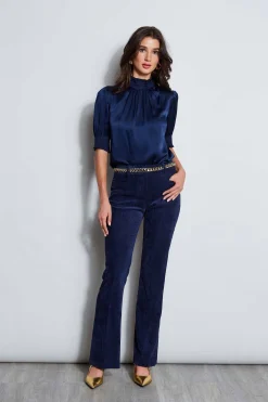 Elie Tahari Tops & Sweaters|Suiting-Short Sleeve Silk Satin Smocked Shirt GALAXYNAVY