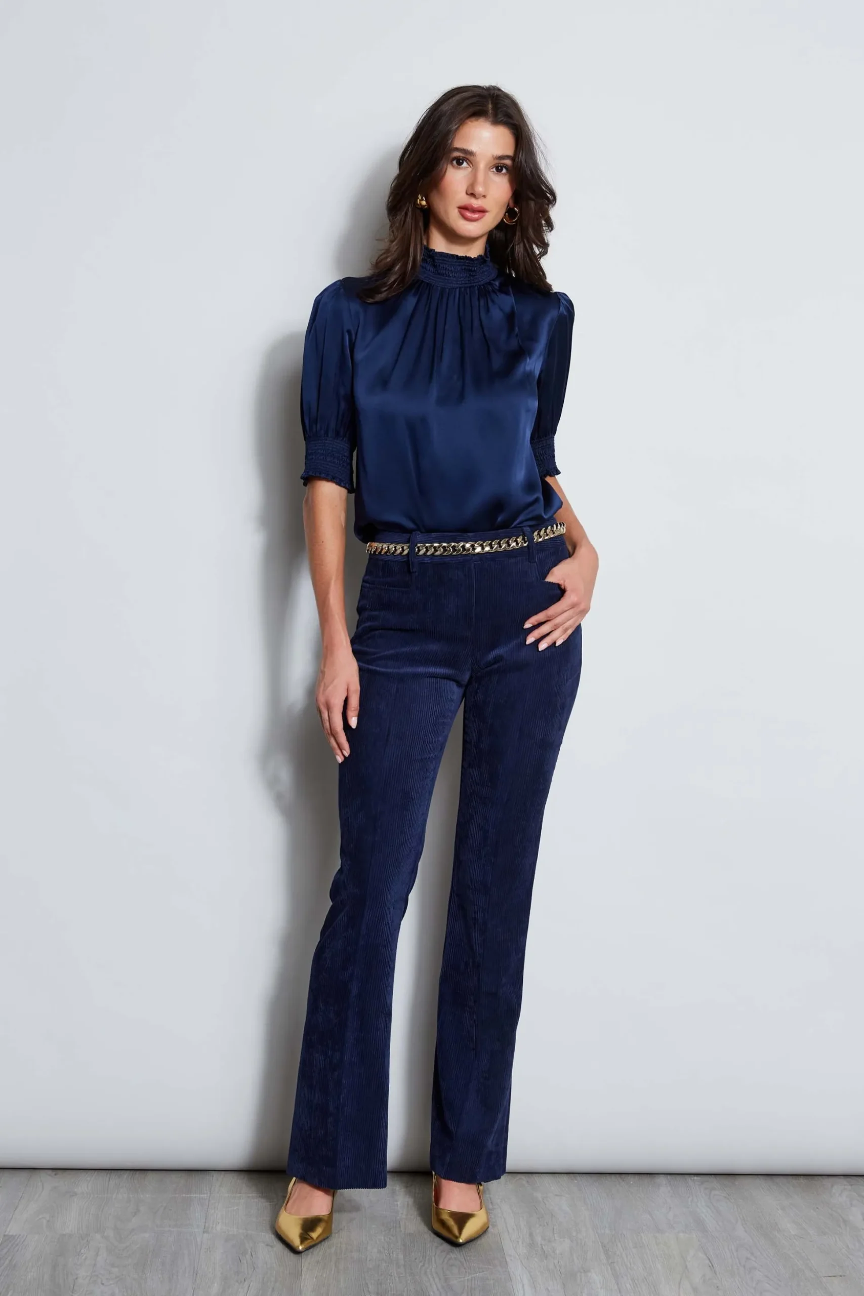 Elie Tahari Tops & Sweaters|Suiting-Short Sleeve Silk Satin Smocked Shirt GALAXYNAVY