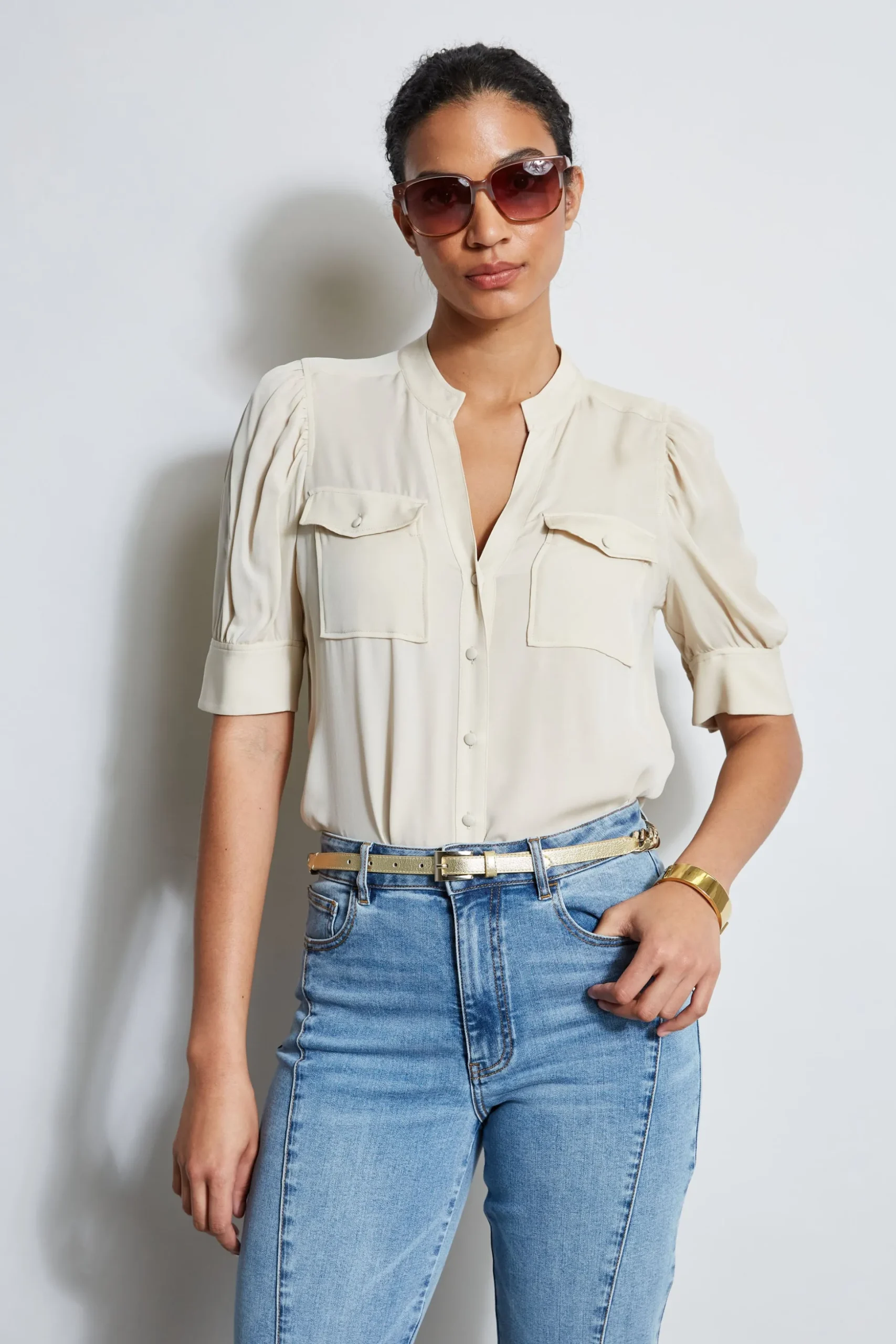 Elie Tahari Tops & Sweaters-Short Sleeve Silk Utility Shirt DRIFTWOOD