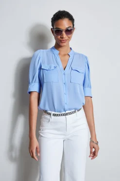 Elie Tahari Tops & Sweaters-Short Sleeve Silk Utility Shirt HORIZONBLUE