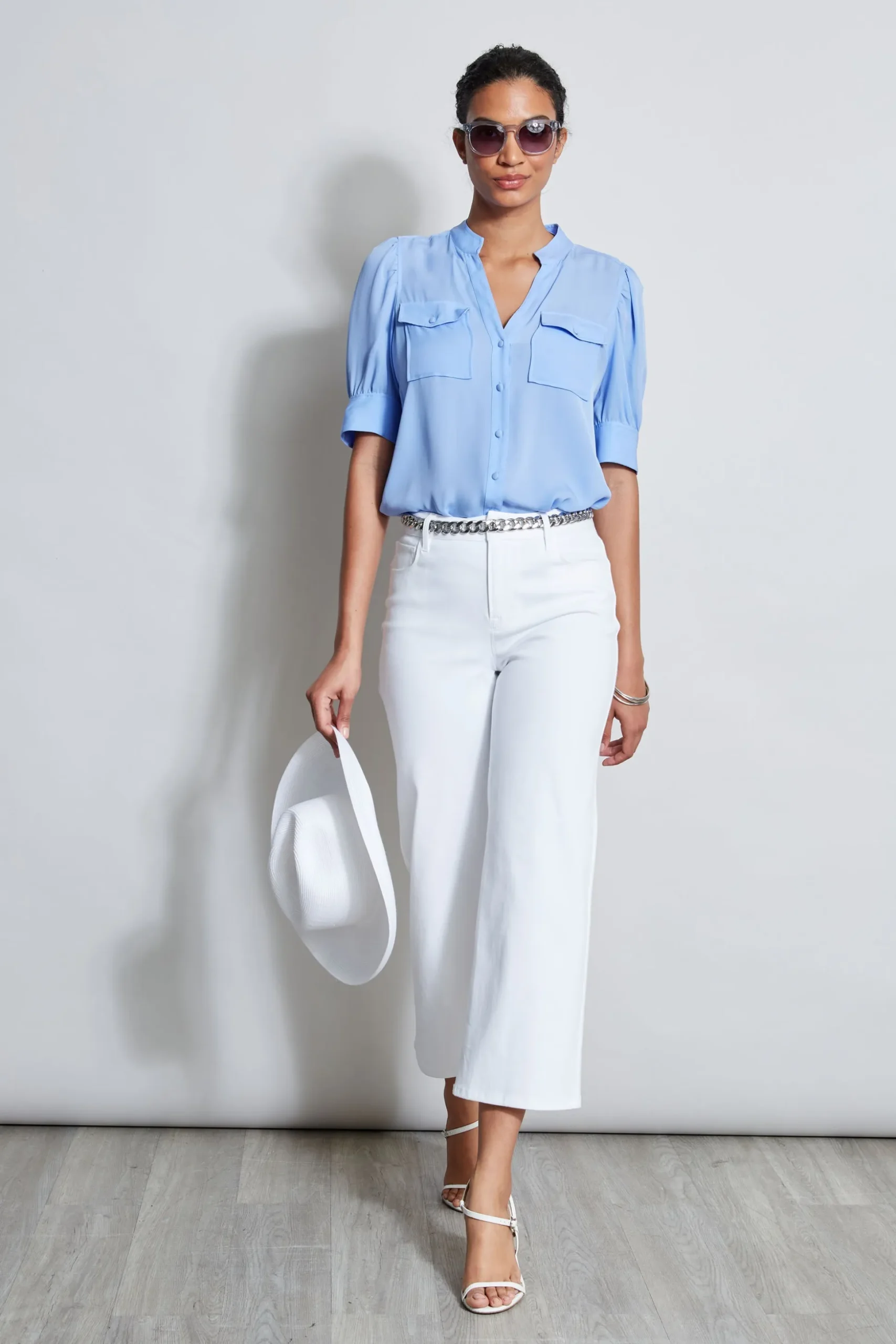 Elie Tahari Tops & Sweaters-Short Sleeve Silk Utility Shirt HORIZONBLUE