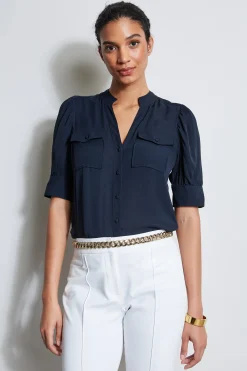 Elie Tahari Tops & Sweaters-Short Sleeve Silk Utility Shirt STARGAZER