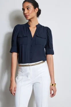 Elie Tahari Tops & Sweaters-Short Sleeve Silk Utility Shirt STARGAZER